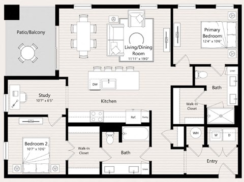 Floor plan for 2 beds, 2 baths, 1235 sqft